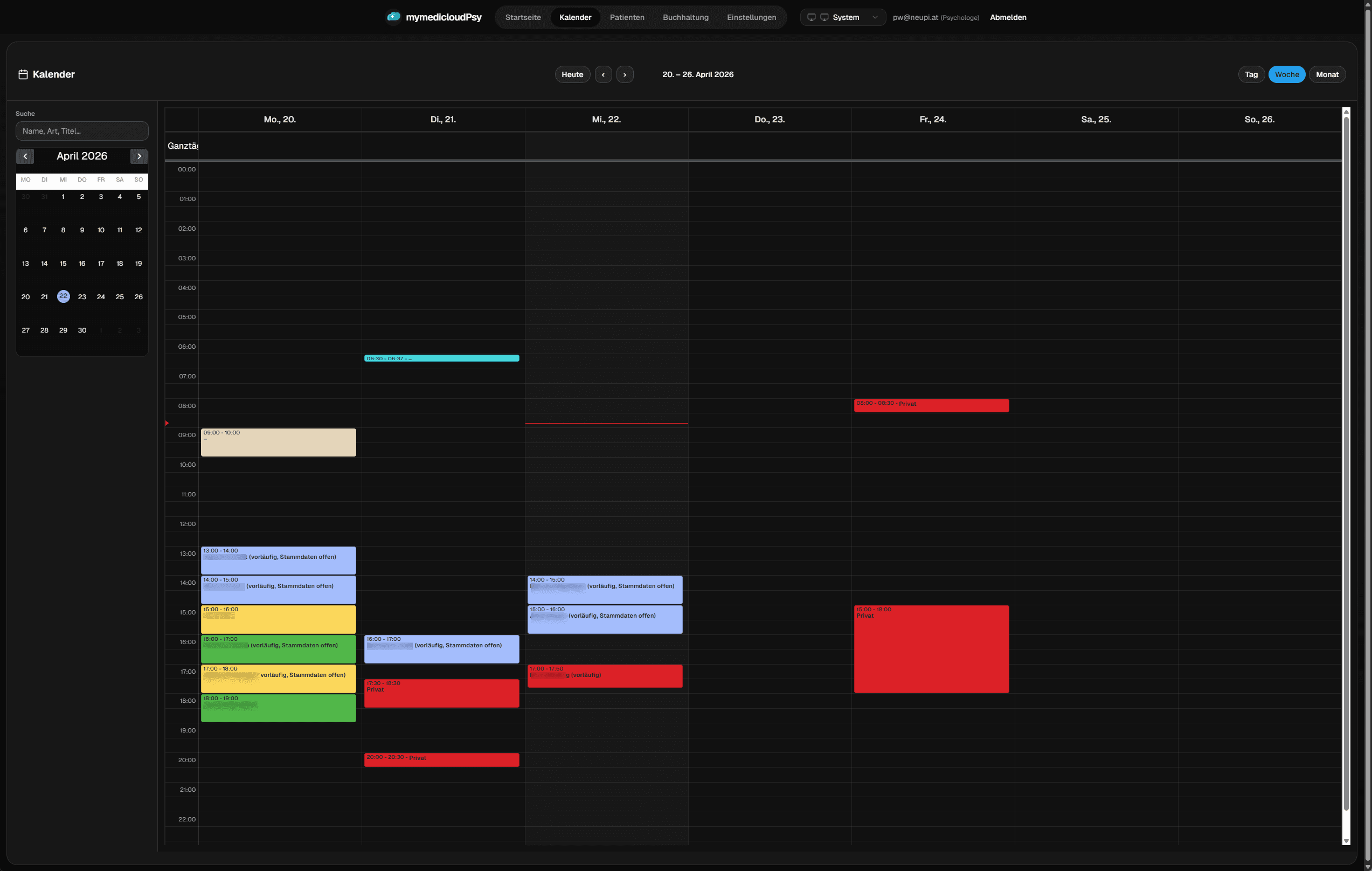 Screenshot: Kalender- und Terminverwaltung für klinische Psycholog:innen in mymedicloudPsy